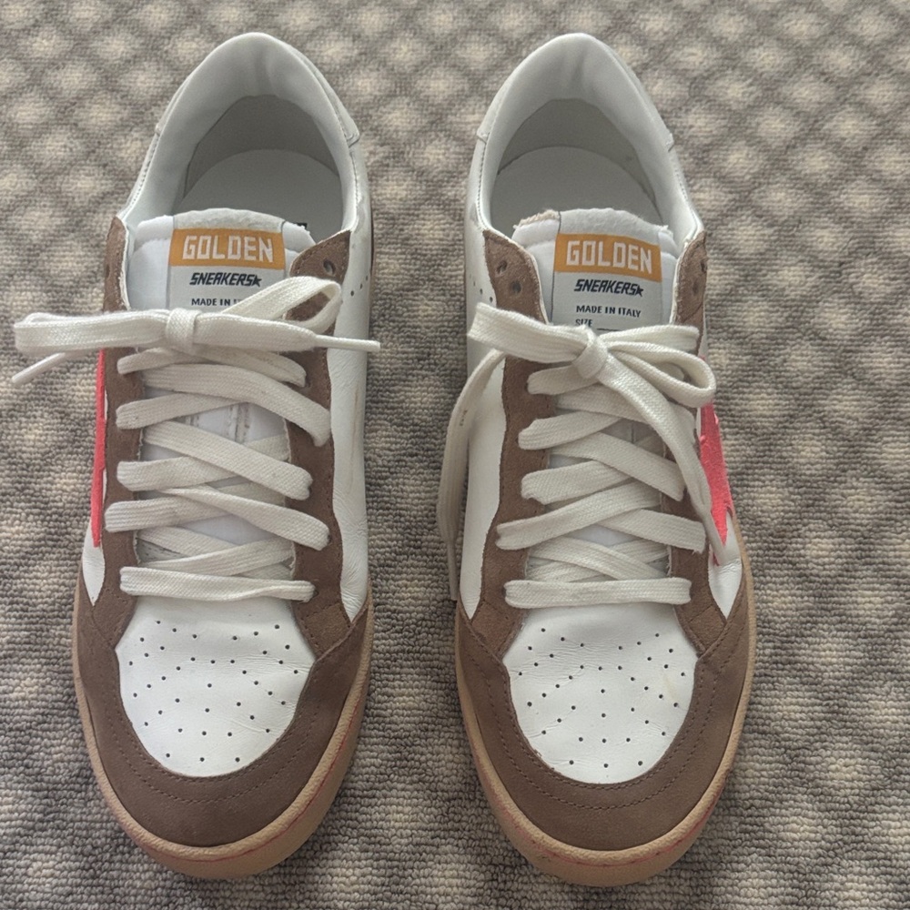 Golden Goose White and Brown Sneakers with pink stars in EXCELLENT condition